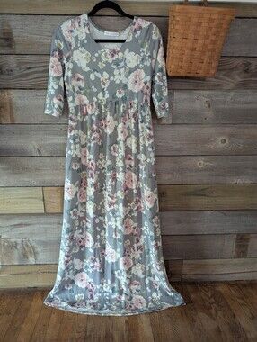 boutique brand Floral Grey Maxi Dress with Pink Blooms